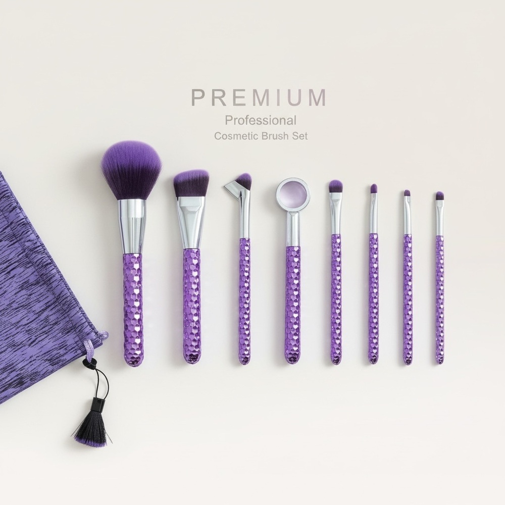 Premium Professional Cosmetic Brush Set 8 Pc Purple Makeup Brushes w/ Case